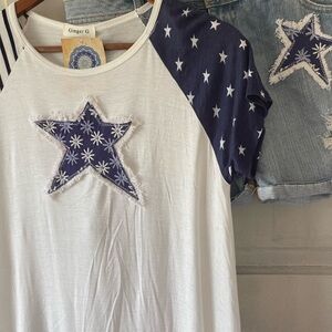 Ginger G White Tee with Navy Star Raglan